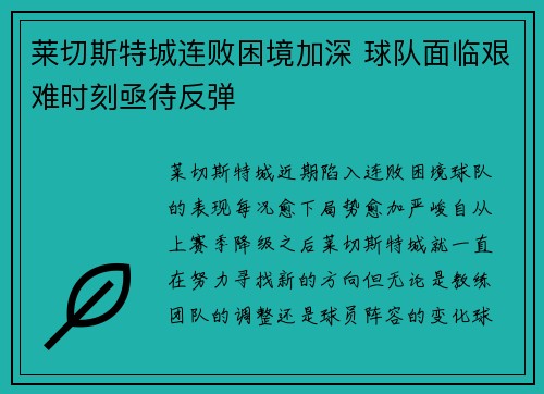 莱切斯特城连败困境加深 球队面临艰难时刻亟待反弹