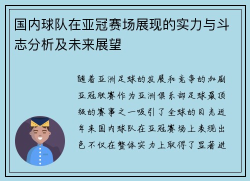 国内球队在亚冠赛场展现的实力与斗志分析及未来展望